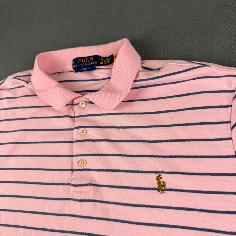 Polo Ralph Lauren Shirt Mens XL Pink Blue Striped Classic Short Sleeve Pony